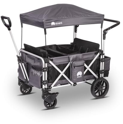 elvent® FamilyStar 4 Sitzer Bollerwagen | Handwagen faltbar mit Dach I Sitzpolster, Hecktasche, Feststellbremse, PU-Reifen, 5-Punkt-Gurte für 4 Kinder, Teleskop-Zugstange