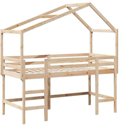 vidaXL Hochbett, Kinderbett mit Leiter Dach Sicherheitsgeländer, Spielbett für Kinderzimmer, Bett Holzbett Einzelbett, 80x200cm Massivholz Kiefer
