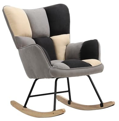 DARDVORLAG Schaukelstuhl – Moderner Relaxsessel aus Holz mit Leinenbezug, Ergonomischer Wippsessel für Wohnzimmer & Leseecke 150 kg belastbar(Weiß, Grau und Schwarz, 98.5CM X 71CM X 91CM)