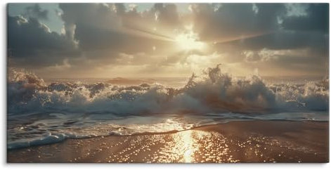 Paul Sinus Leinwandbild gerahmt 120x60cm Strand Wellen Sonnenuntergang Meer Ozean