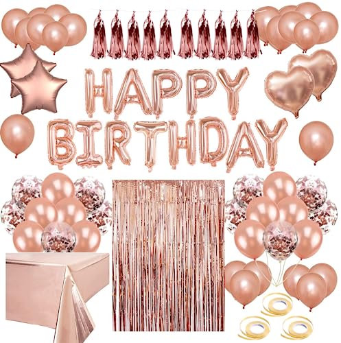 Rose Gold Birthday Decorations for Women - Balloon Arch Kit With Birthday Balloons, Confetti Latex, Star Heart Foil, Tassel, Curtain, Tablecloth