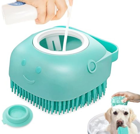 LEO-PAUL Brosse de Bain Démêlante en Silicone pour Chiens à Poils Courts et Longs Accessoire de Toilettage de Massage et Nettoyage Rapide avec Réservoir et Distributeur d'Eau et de Shampoing (BLEUE)