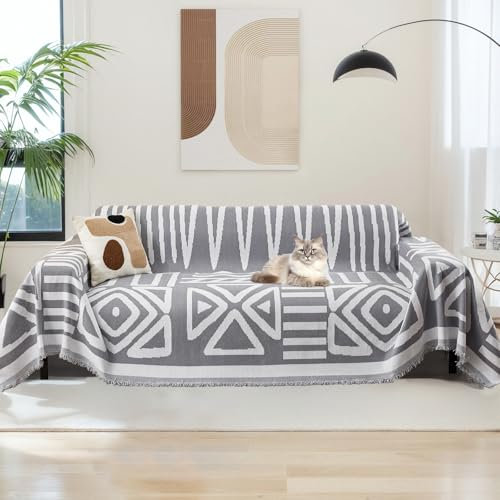 SHANNA Boho Sofa Cover for 2 3 4 Seater, Chenille AB Sided Slipcover for Corner Sofa, All-Season Protection Couch Cover for Dogs, Couch Protector Loveseat Futon Cover L Shaped Sofa Cover with Tassel