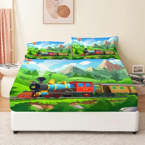 Spannbetttuch Cartoon Zug für 30cm Matratze, Ultraweiche atmungsaktive Print Mikrofaser Grün Spannbetttücher für 90 x 200 cm Bett mit 2 Kissenbezug
