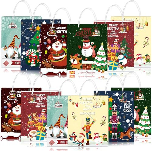 ITMNMNL Geschenktüten Weihnachten 12 Stück Weihnachtsgeschenktüten,Geschenktüte Weihnachten,Weihnachtstüten,Weihnachtstüten Papier mit Griff,Weihnachten Geschenktüten - 19 * 10 * 23cm - 6 Muster