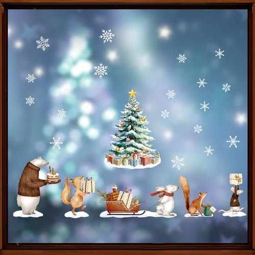 BETESSIN 4 Feuilles Décoration Noël Stickers Fenêtre Électrostatique Autocollants Motif Lapin Ours Souris Écureuil Sapin de Noël Flocon de Neige Décoration Noël Intérieur pour Fenêtre Vitre Porte