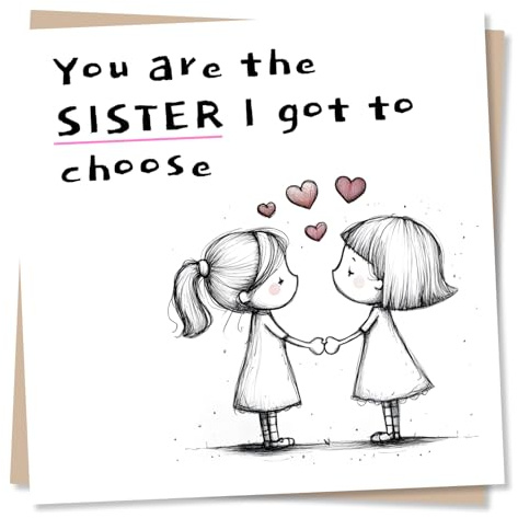 Best Friend Birthday Card for Women, Female, Bestie - Sister I Chose | for Her, Colleague, Cousin, Housemate - Line Drawing Sketch, Pink Hearts, Simple, Cute - Blank Inside, with Envelope