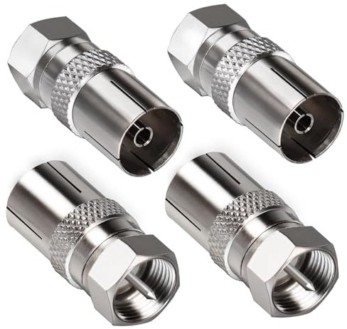 4 Pack F Type Coaxial Adapters - Male to Female TV Aerial Connector Kit for Satellite, Antenna & Cable TV - Gold Plated Connectors for Router, Receiver & AV Equipment