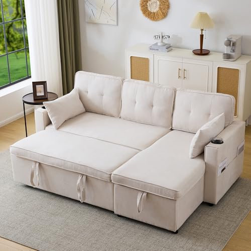 Schlafsofa mit Schlaffunktion, L-förmiges Sofa, Modernes Design, Loungesessel mit Stauraum, mit Getränkehalter, Wohnzimmer-Schlafsofa, Links und Rechts Austauschbar (Beige)