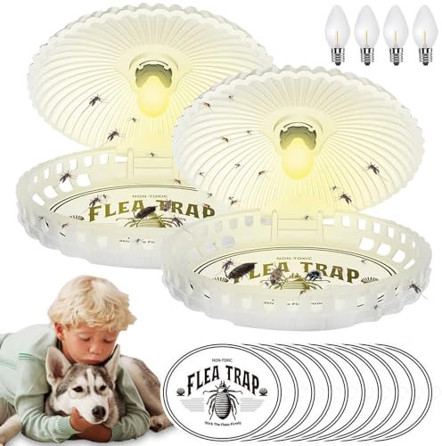 Vmxlso 2 Pezzi Trappola per Pulci, Trappola per Pulci in Casa, Lampade Disinfestazione Pulci Casa con 4 Lampadine e 10 Adesivi, Trappola Cimici Pulci per Camera da Letto, Trappole per Cimici da Letto