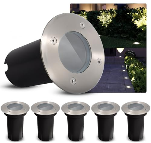 SSC-LUXon 6er Set Bodeneinbaustrahler KALPA silber 230V IP67 regenfest, trittfest & oxidationsbeständig - Hervorragend für Einfahrten, Veranden & Gärten