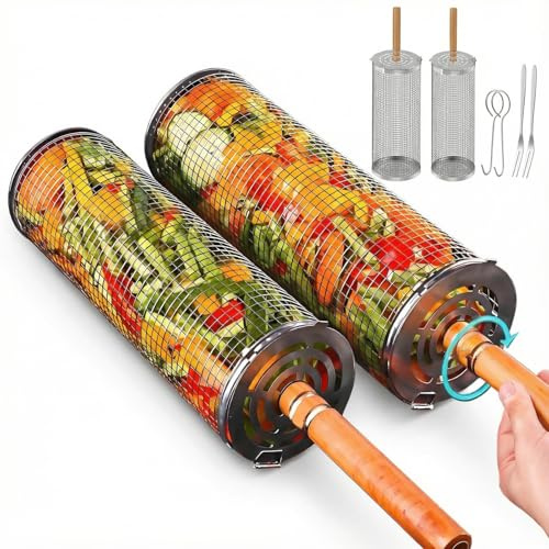 Rollender Grillkorb Edelstahl 2 Stück Set, Zylindrischer BBQ Grillkorb mit Abnehmbarer Griff für BBQ Grillen Camping Outdoor, Drehbar Grilltrommel Grillzubehör für Gemüse Fisch Fleisch Garnelen Pommes