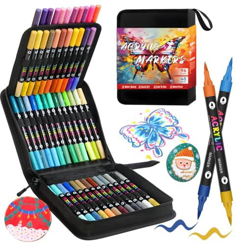 Laconile 48 Acrylstifte Set – Wasserfest, Doppelspitze (feine Spitze/Pinsel, 1-5mm), Multimarker für Steine, Holz, Glas, Keramik in Stofftasche – Acrylic Paint Marker für Künstler & DIY (48 Bag Pack)