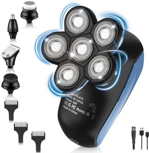 Rasoio elettrico da barba, 6 in 1, testina rotante per uomo, per uomo bagnato e asciutto, ricaricabile tramite USB, IPX7, impermeabile, 100% lavabile, professionale