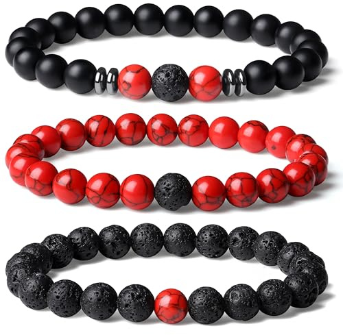 Sahoottie 3-4 Stücke Armband Herren Naturstein Perlenarmbänder Herren 8mm Tigerauge Armband Schwarzer Lavastein Perlenarmband Set Stretch Armbänder Männer Geburtstagsgeschenk für Männer