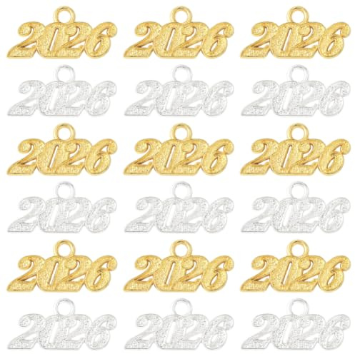 SUNNYCLUE 40 Stück 2026 Quasten Anhänger Gold Jahres Anhänger Großpackung Silber Metall Zahlen Buchstaben Abschlusskappen Hut Dekoration Hängender Anhänger Für Schmuckherstellung Basteln Halsketten Ar