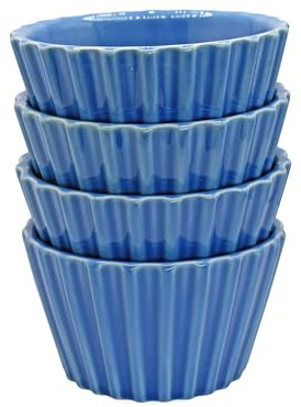 Set of 4 Ramekin Set, 5oz Soufflé Dishes Ribbed Design, Stackable Baking Set for Pudding, Custard, Fruits, Dips, Microwave, Oven and Dishwasher Safe (Dark Blue)