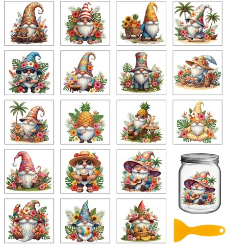 GLOBLELAND 18 Blatt Hawaiianischen Zwergen Rub On Sticker Tropischen Blumen Pflanzen 10x9cm Transferaufkleber Sommer UV DTF Cup Transfer Aufkleber Möbel Glas Holz Fotoalbum DIY Deko Scrapbooking Home