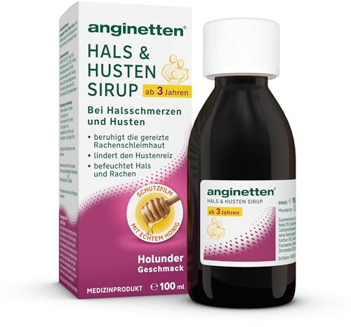anginetten Hals & Husten Sirup | bei Halsschmerzen | 100 ml | Bei Reizhusten, mit Honig & mukoadhäsiver Rezeptur, befeuchtet die gereizte Schleimhaut, für die Familie ab 3 Jahren