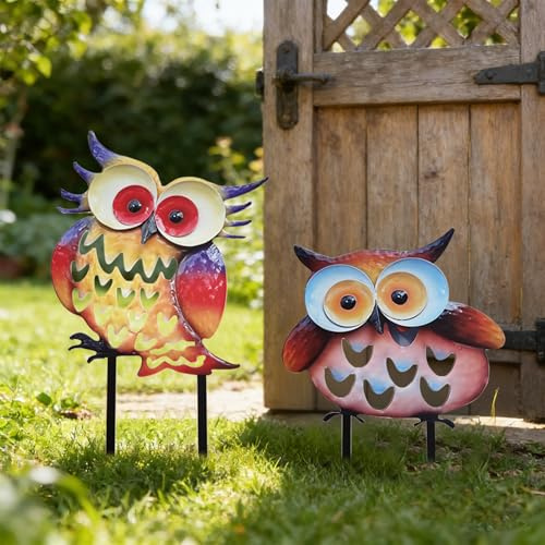 ACAREY Gartenstecker Eule Metall, 2 Stück Eule Gartendeko Gartenstecker Wetterfeste, Metall Garten Deko Eulen Gartenfigur, Gartenstatuen Draußen für Garten, Balkon, Terrasse, Blumentöpfen Dekor