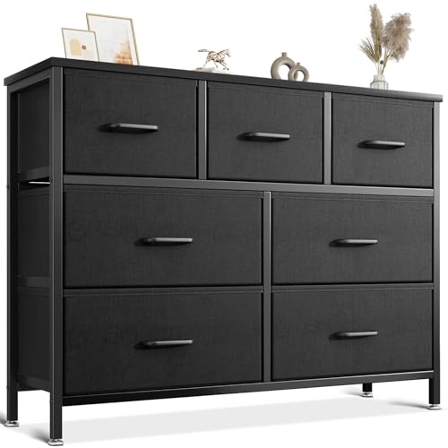 Coleshome Chest of Drawers Bedroom with 7 Drawers, Fabric Drawers, Black | Clothes Organiser Dresser, Wide Cabinet with Metal Frame, Wooden Top, for Apartment & Hallway, 100x30x77cm
