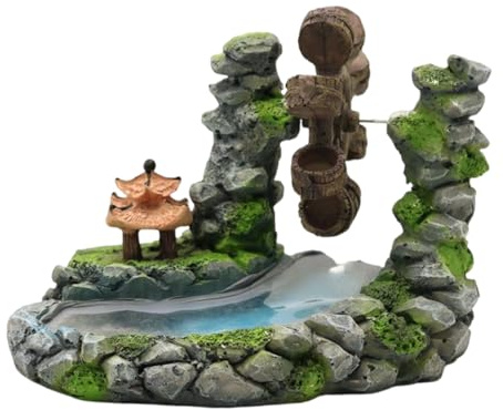 SHYYOULQE Aquarien Landschaftsbau Harz Wasserrad mit Pavillons und Bachlauf Fischtanks Unterschlupf Szene Figur für Fische und Garnelen Aquarien Dekoration