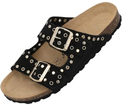 Palado Pantoletten Damen Korfu Bistud Suede Premium Leather - elegante Sandalen Made in Spain - Hausschuhe mit Kork-Fußbett - bequeme Sommerschuhe
