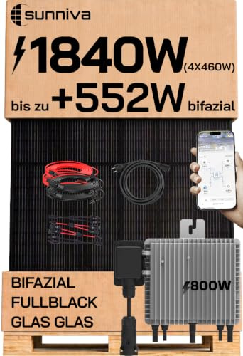 SUNNIVA® 1840W Balkonkraftwerk BIFAZIAL FULLBLACK komplett Steckdose DEYE 800W Wechselrichter, PV Solaranlage, 4x 460W Glas-Glas Solarmodule, inkl. 5m Kabel, Bluetooth WIFI, Komplettset