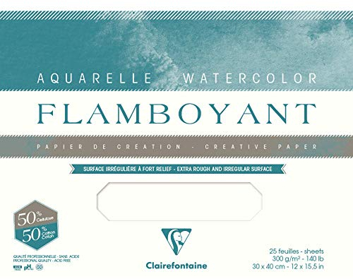 Clairefontaine 975065C Flamboyant Aquarellpapier Block (4-seitig geleimt, 20 Blätter, 31 x 41 cm, 300 g, mit zerfransten Rand, mit starker Struktur, ideal für spezielle Effekte) extraweiß