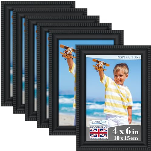 Icona Bay - 6x4 inch Picture Frames - Black, 6 Pack - Beautifully Detailed Moulding - Contemporary Picture Frame Set - Wall Mount or Table Top - Inspirations Collection