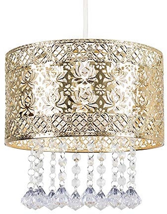 MiniSun | Modern Intricate Pattern Gold Ceiling Light Shade with Jewel Droplets | Pendant Lights, Home Décor & Improvement Essential | 250mm Shade Width
