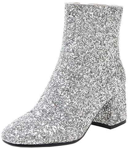LUXMAX Stivali Donna Tacco Medio Grosso Glitter Paillettes Scarpe da Sposa Eleganti Stivaletti alla Caviglia (Argento) - 40 EU