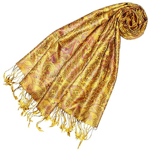Lorenzo Cana Pashmina Damen - Schal Schaltuch jacquard gewebt 100% Seide Paisley Muster Seidenschal Seidentuch Gold Gelb 78638