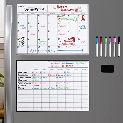 Magnetic Dry Erase Whiteboard Calendar & Chores Chart for Fridge Bundle: Includes 2 Large Whiteboards, 6 Markers, & Eraser - Perfect Kitchen Organiser, Notice Board, and Monthly Planner - 17x 12