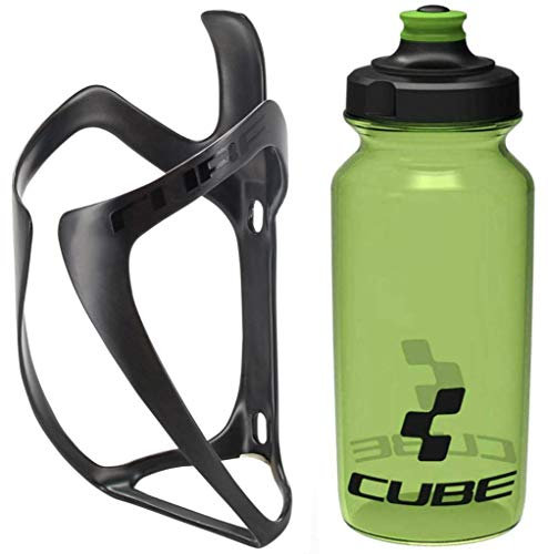 Cube HPC 3K Carbon Fibre Cage - Matte Black 2.0 & Icon Bottle - Green, 500ml / Lightweight Fibreglass Bicycle Cycling Cycle Bike MTB Mountain Road Water Drink Bracket Holder HPA HPP Set Accessories