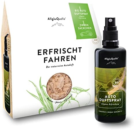 AllgäuQuelle® Auto Duftspray | Der Bio Auto-Duft als natürlicher Auto-Duftspender mit Lemongrass, Orange u. Bergamotte | ideales Auto Zubehör für Auto Innenraum und Wohnmobil
