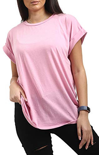 Fashion Star Women Short Turn Up Cap Sleeve Baggy Tshirt Top Baby Pink Plus Size (UK 16/18)