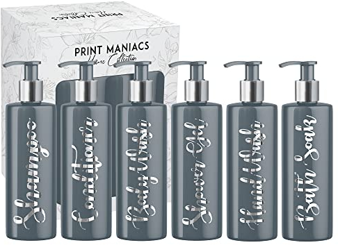 Print Maniacs Grey Mrs Hinch Inspired Personalised 500ml Pump Bottles Bathroom Lotion Kitchen Set Shampoo Conditioner Body Wash (Set 6) (Silver)