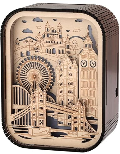 DRMFLE 3D London Souvenir, Wood Crafts Laser Cut London Landmark Building Model UK Travel Souvenir Gifts Big Ben Tower Bridge London Eye Tower of London, Desktop Wooden Ornaments with Light