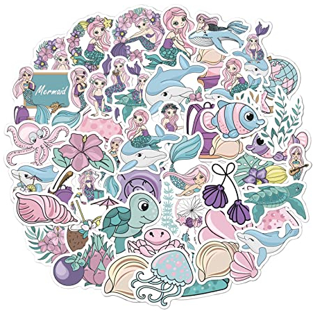 HENGBIRD 50 Stück Meerjungfrau Prinzessin Stickers Aufkleber, Kawaii Vinyl Stickers für Kinder Mädchen, wasserdichte Vinyl Sticker Set für Wasserflaschen Fahrrad Roller Helm Notebook Kindergeburtstag