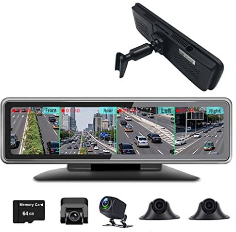 XRC TECH Mirror Dash Cam For Cars,4CHs Cameras Record Simultaneously,360 Degree Panoramic Monitoring,Special Bracket Rearview Mirror/Dashboard(64GB TF card included)