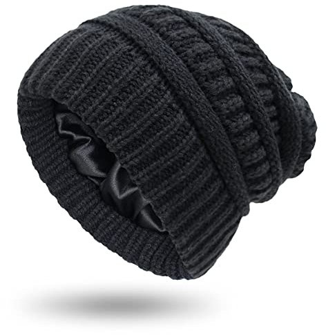 Hcimooy Winter Warm Strickmütze Satin Seide gefüttert Zopfmuster Beanie Chunky Slouchy Skull Cap für Damen (Black)