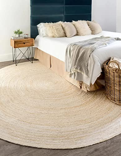 Agro Richer Runder Teppich, Jute, natürlich, handgeflochten, Naturfaser, Teppich, Küche, Flur, 300 x 300 cm, Weiß