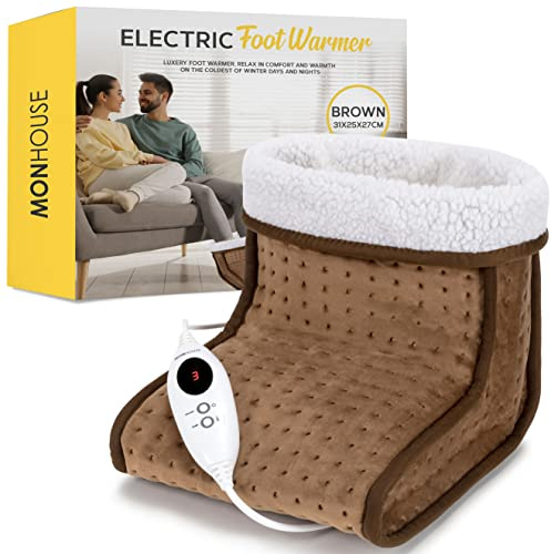 MONHOUSE Elektrischer Fußwarmer – Kalte Fußwarmer fur Heimgebrauch und das Buro unter dem Schreibtisch – Weiches und atmungsaktives Heizkissen – Entspannende Komfortwarmetherapie – Beheizte - Braun