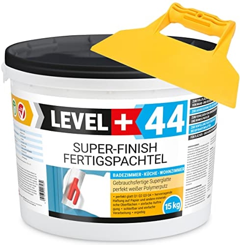 Super Finish Fertigspachtel Q1-Q4 Spachtelmasse 15kg Perfekt Glatt Weiß Innenbereich + Kunststoffspachtel ohne Zahnung Set RM44