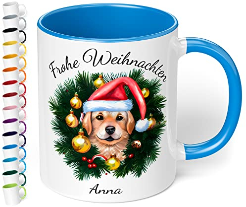 True Statements Weihnachtstasse mit Namen personalisiert „Frohe Weihnachten“ – mit 20 Hunde-Motiven - 330ml Keramik Kaffeebecher mit Spruch - Geschenk zu Weihnachten (Cambridge Blau)