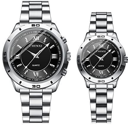 JewelryWe Paar Uhren Analog Quarz 30M Wasserdicht Pärchen Armbanduhr Klassisch Römische Ziffern Edelstahl Armband Partner Freundschaft Uhr mit Leuchtend Zeiger & Uhrenwerkzeug Schwarz