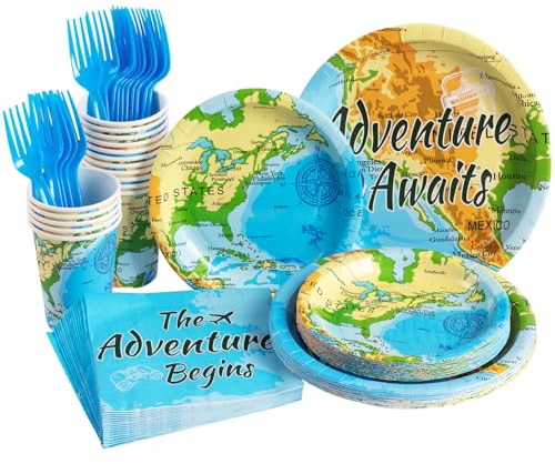 SUNBEAUTY 80-Piece Adventure World Tableware Set - Travel Map Plates, Napkins, Forks for Birthday, Retirement, Bon Voyage Parties - 16 Guests