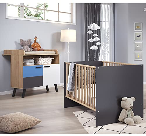 Babyzimmer Set, mit höhenverstellbaren Babybett grau, Wickeltisch mit Wickelaufsatz in weiß Graphit und Buche inkl. Wechselblenden in rosa und blau