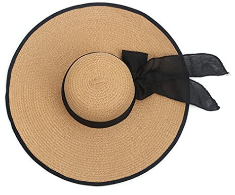Ericotry Sombrero de playa de ala grande para mujeres y niñas, sombrero de sol grande de verano, para natación, jardín, playa, sombrero de paja con cintas negras, caqui, M